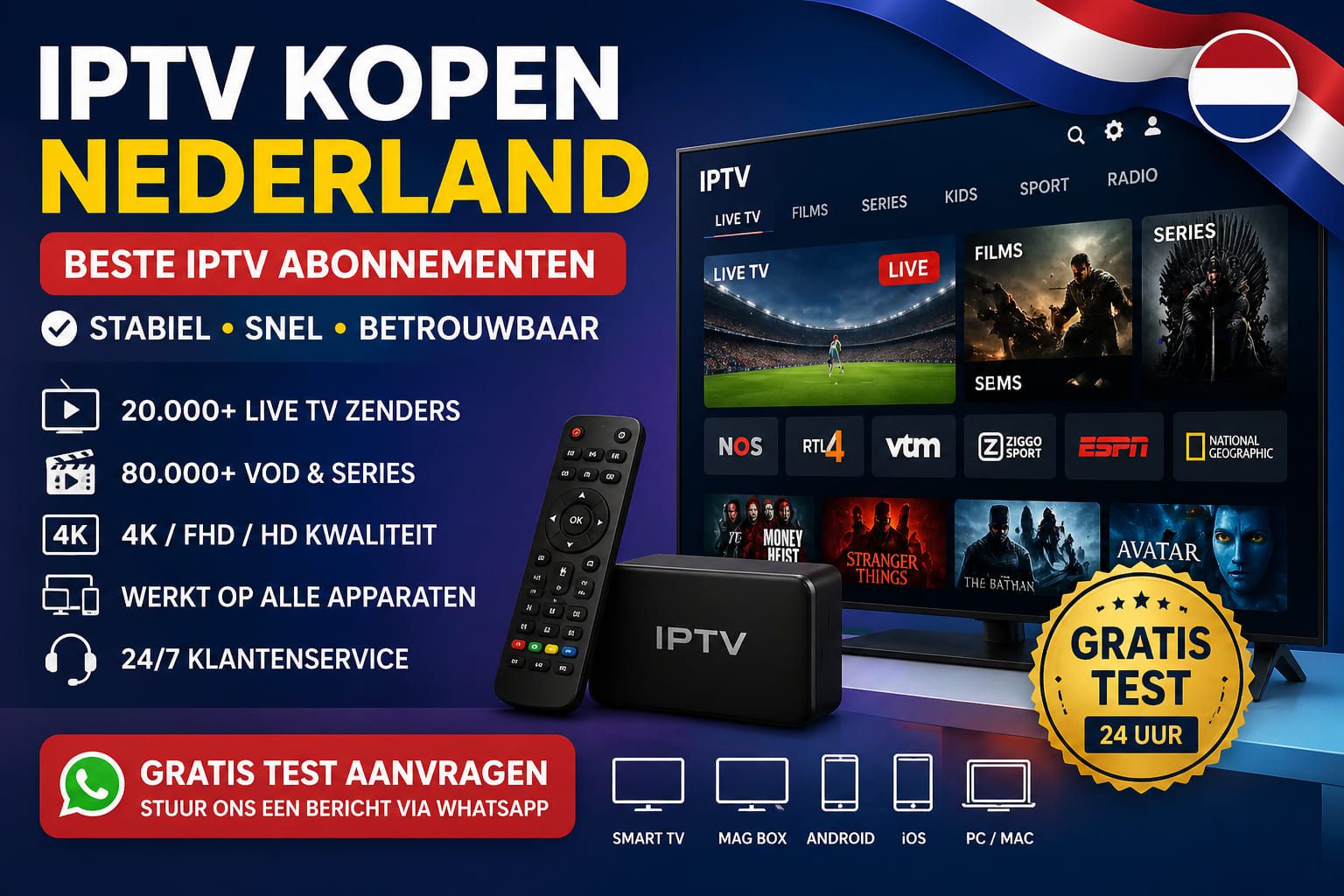 Beste IPTV kopen Nederland 2026 met stabiele streaming, 4K kwaliteit en gratis test abonnement