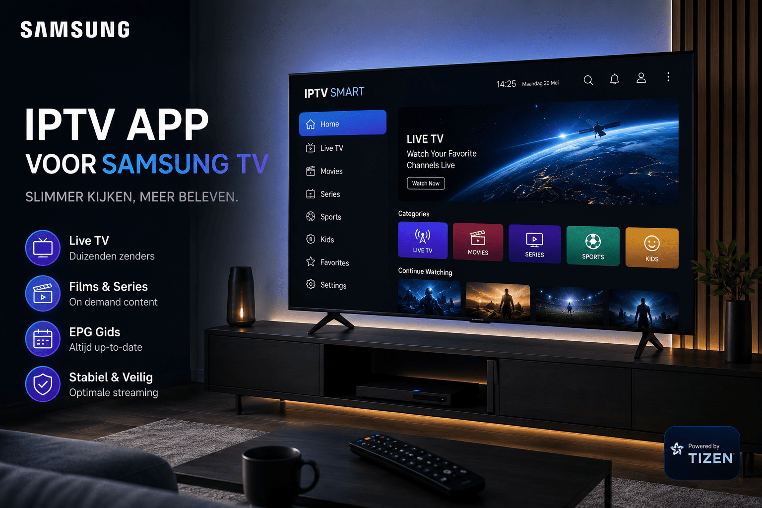 Moderne IPTV app voor Samsung TV met slimme streaming interface en live tv functies