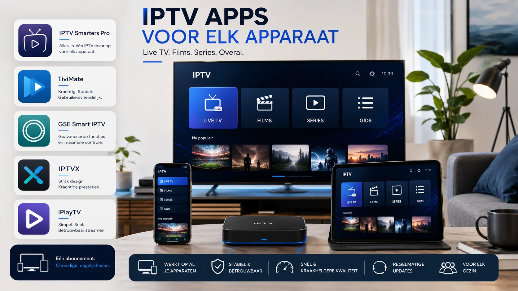 IPTV apps voor Smart TV tablet en smartphone met moderne streaming interface