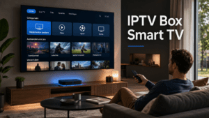 Moderne woonkamer met Smart TV en IPTV Box waarop een strak IPTV-menu met Nederlandse zenders, films, sport en series wordt weergegeven.