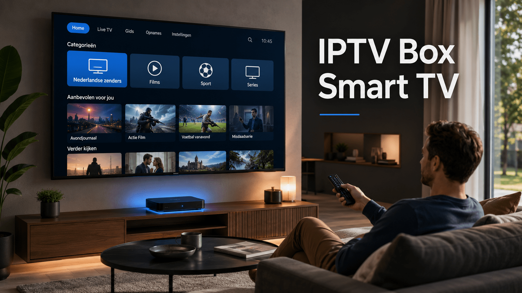 Moderne woonkamer met Smart TV en IPTV Box waarop een strak IPTV-menu met Nederlandse zenders, films, sport en series wordt weergegeven.