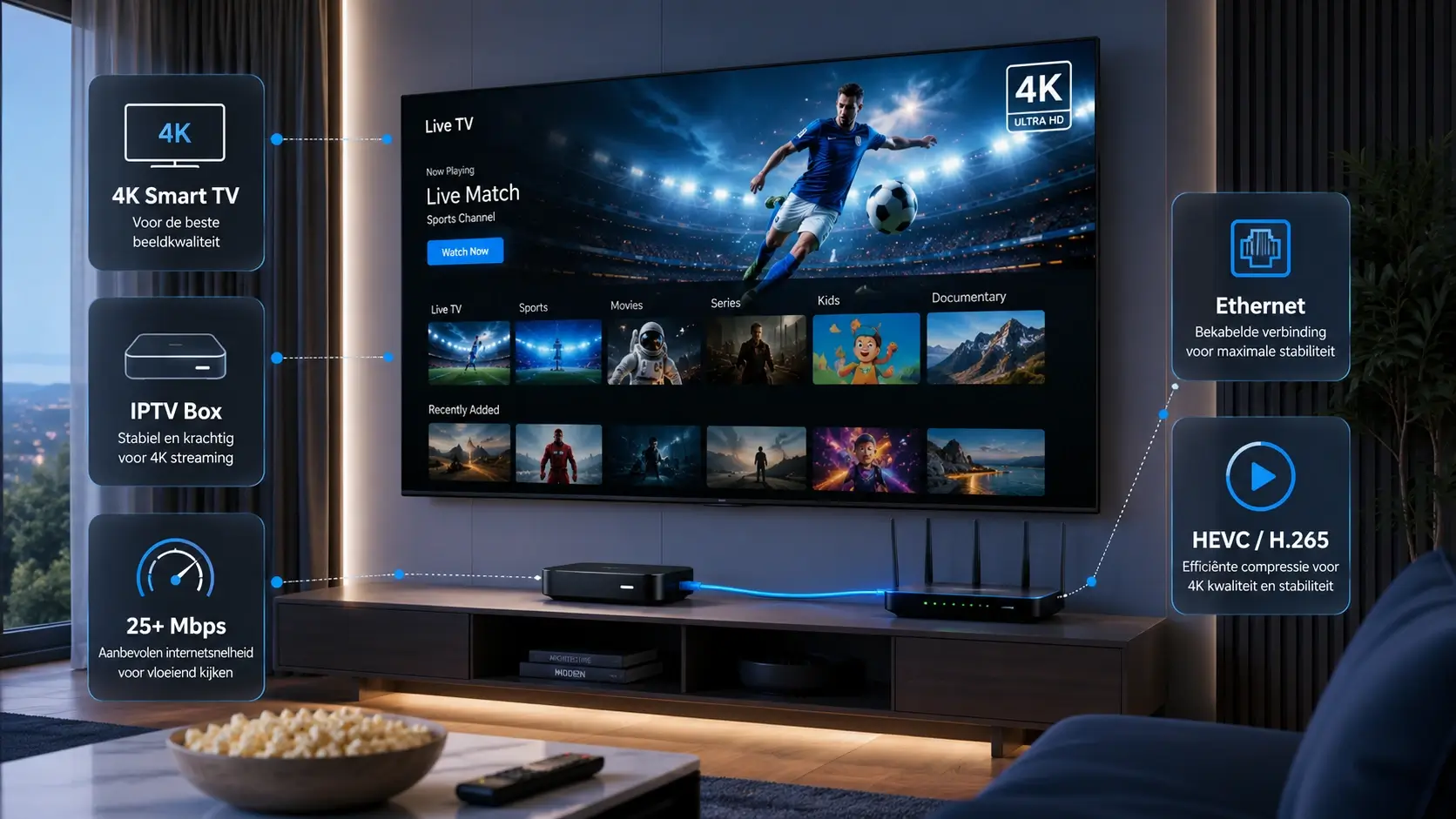 IPTV 4K kijken met Smart TV IPTV box ethernet verbinding en stabiele streaming zonder buffering